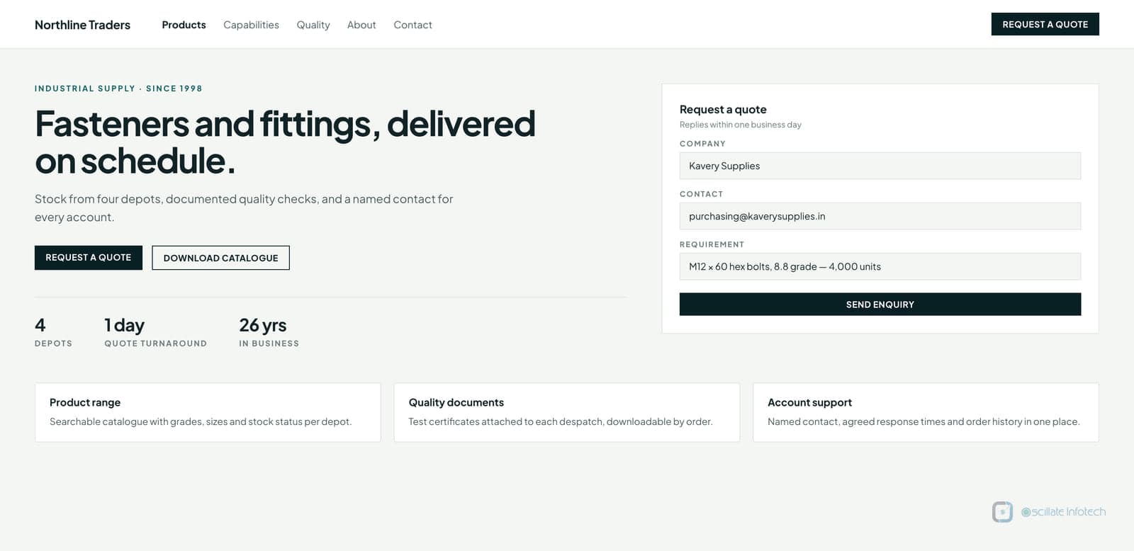 Business website with a clear product story, capability sections and an enquiry form