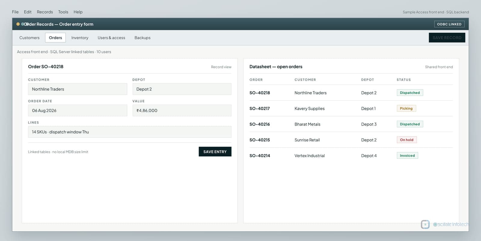 Desktop records application showing order lists, filters and per-record detail for daily operators