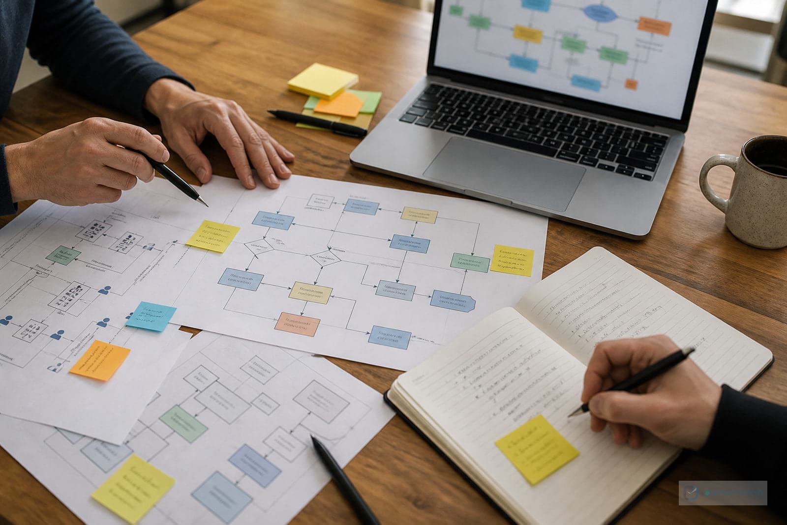 People mapping a business workflow on paper beside an open laptop