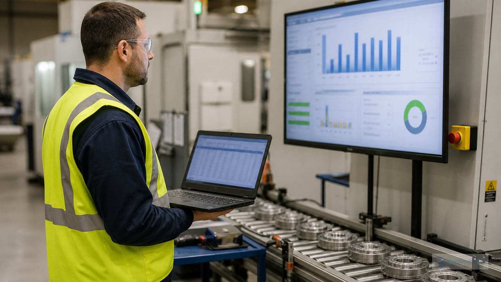 Engineer with a laptop beside a production line