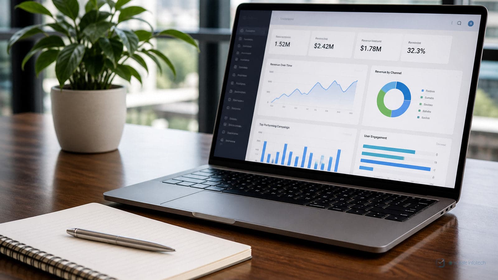 Laptop on a desk showing a business reporting dashboard