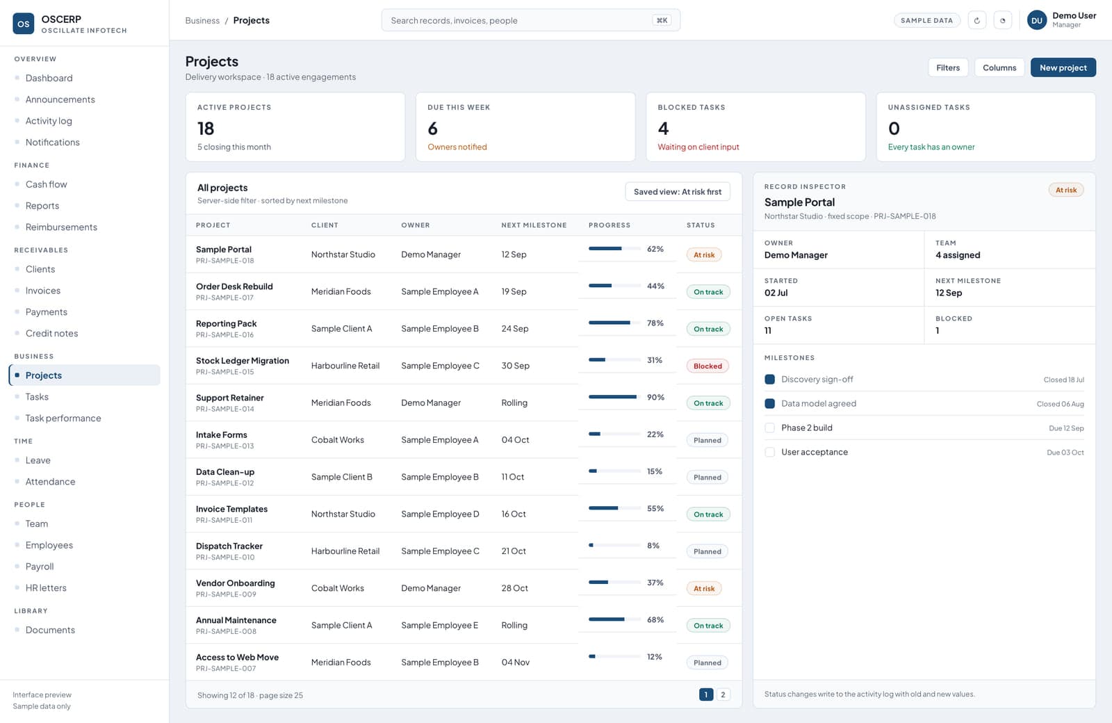 OSCERP projects list showing project, client, owner, next milestone, progress and status columns, with a record inspector open on one project listing its milestones