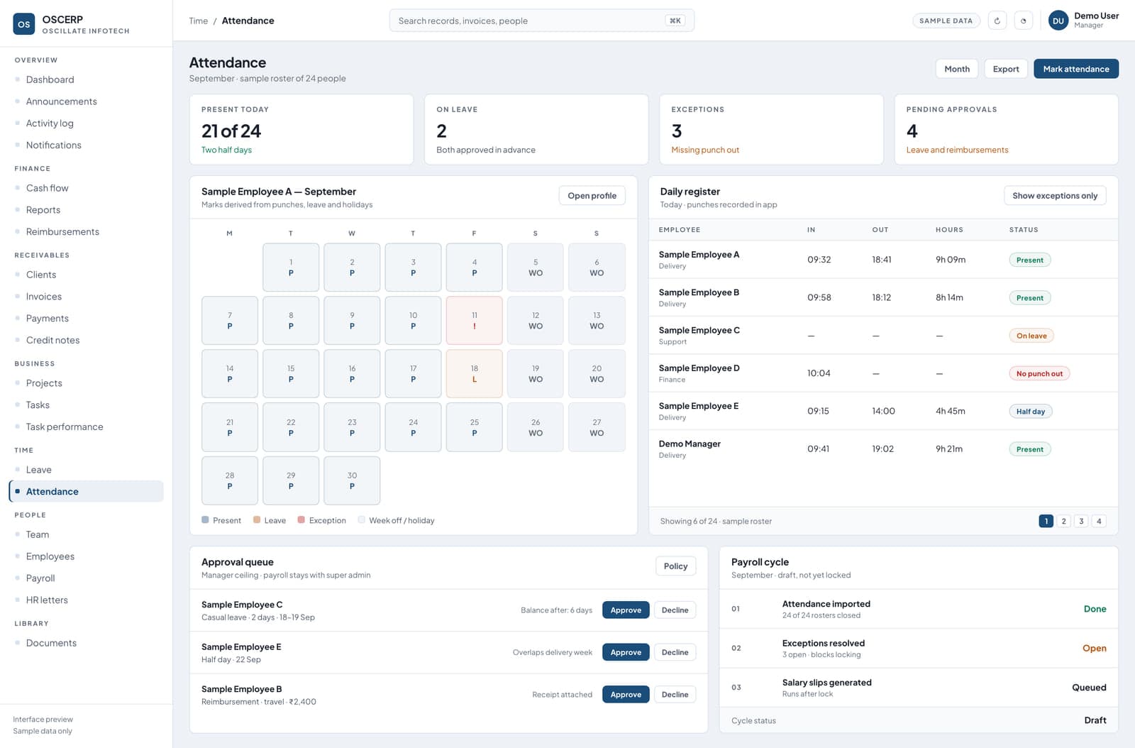 OSCERP attendance screen with a month calendar of presence marks, a daily register of in and out times, a leave approval queue and a payroll cycle checklist